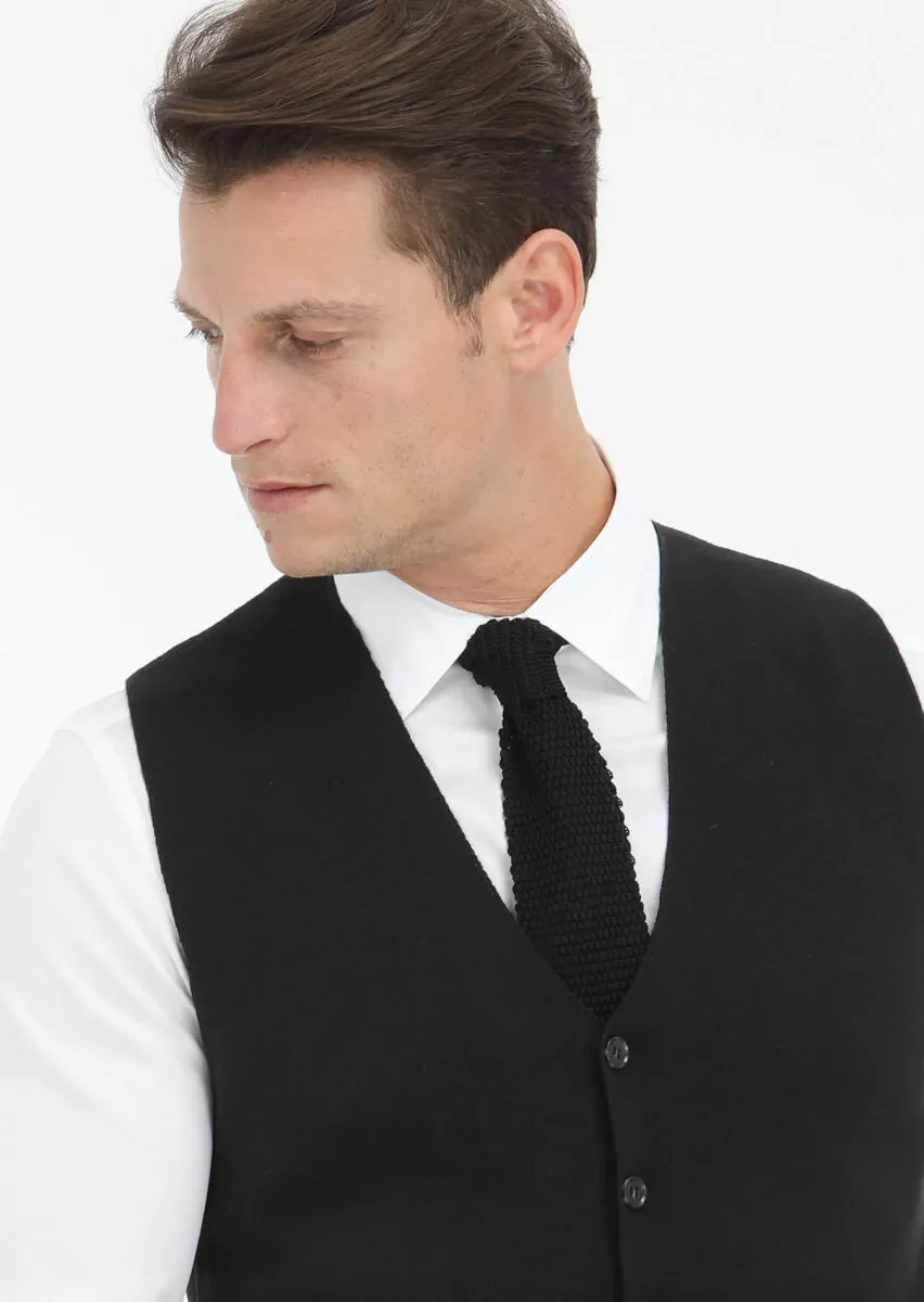 Black Regular Fit V-Neck Casual Knitting Knit Vest - 3