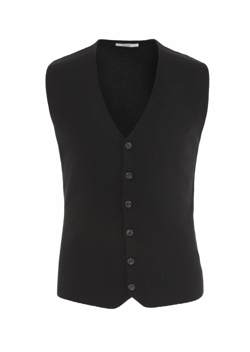 Black Regular Fit V-Neck Casual Knitting Knit Vest - 5