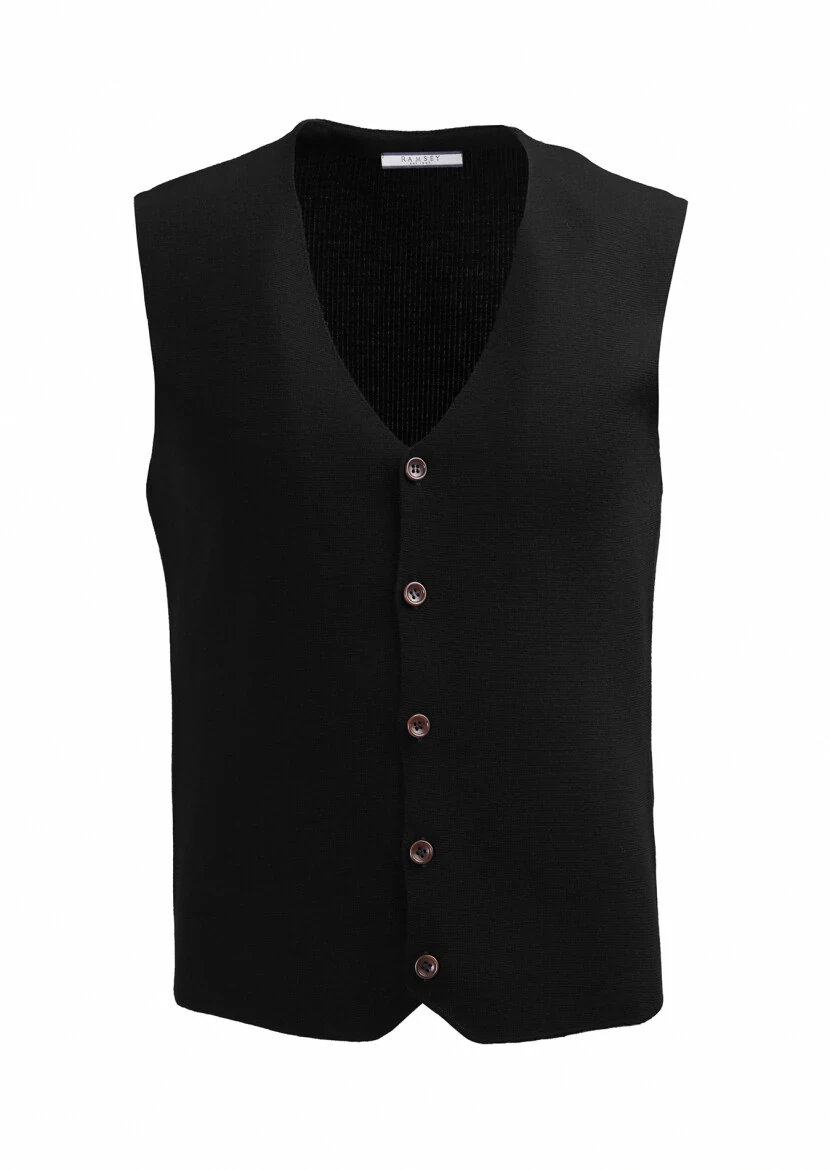 Black Regular Fit V-Neck Casual Knitting Knit Vest - RAMSEY