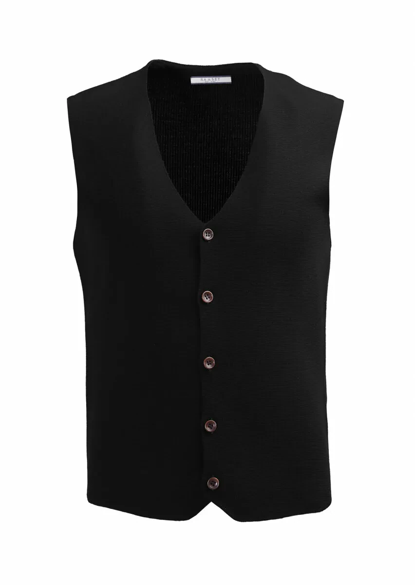 Black Regular Fit V-Neck Casual Knitting Knit Vest - 1