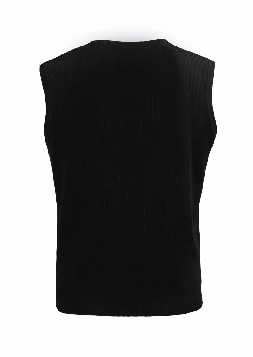 Black Regular Fit V-Neck Casual Knitting Knit Vest - 3