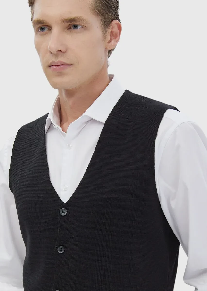 Black Regular Fit V-Neck Casual Knitting Knit Vest - 3