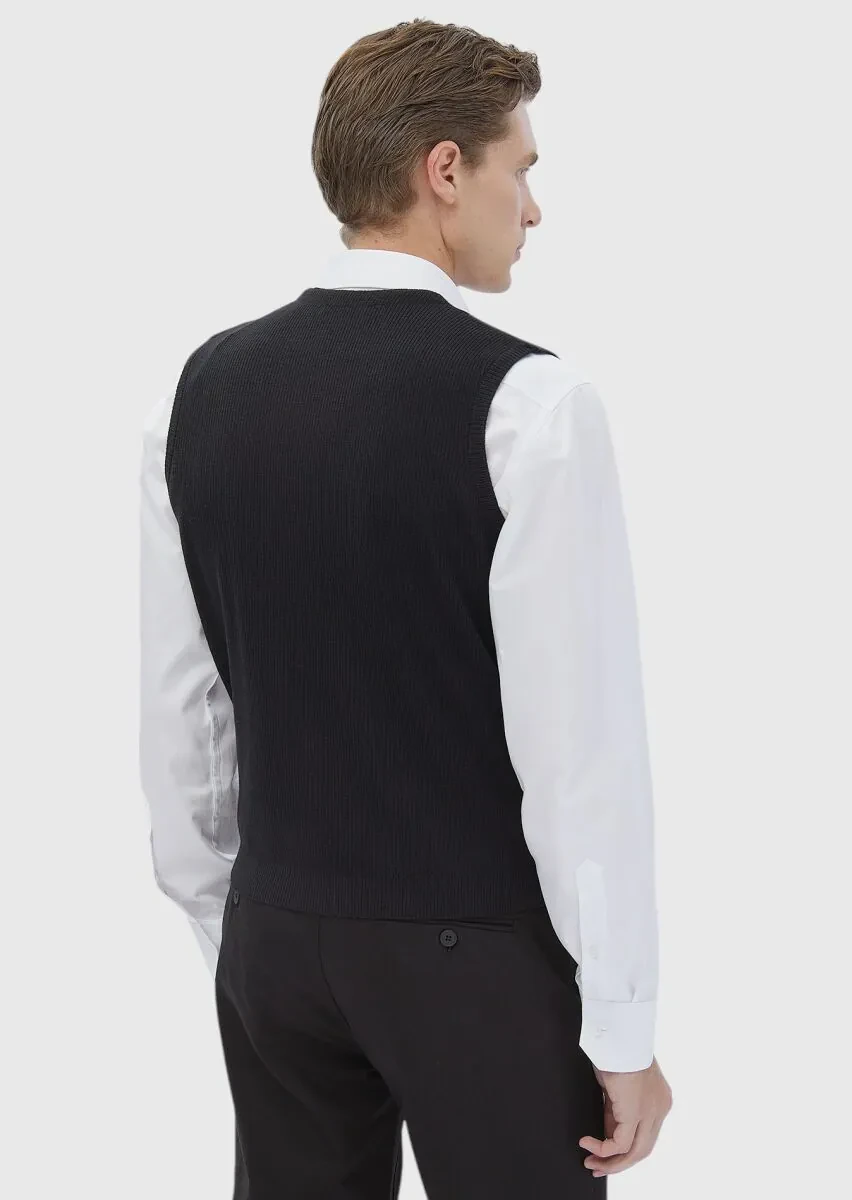 Black Regular Fit V-Neck Casual Knitting Knit Vest - 5