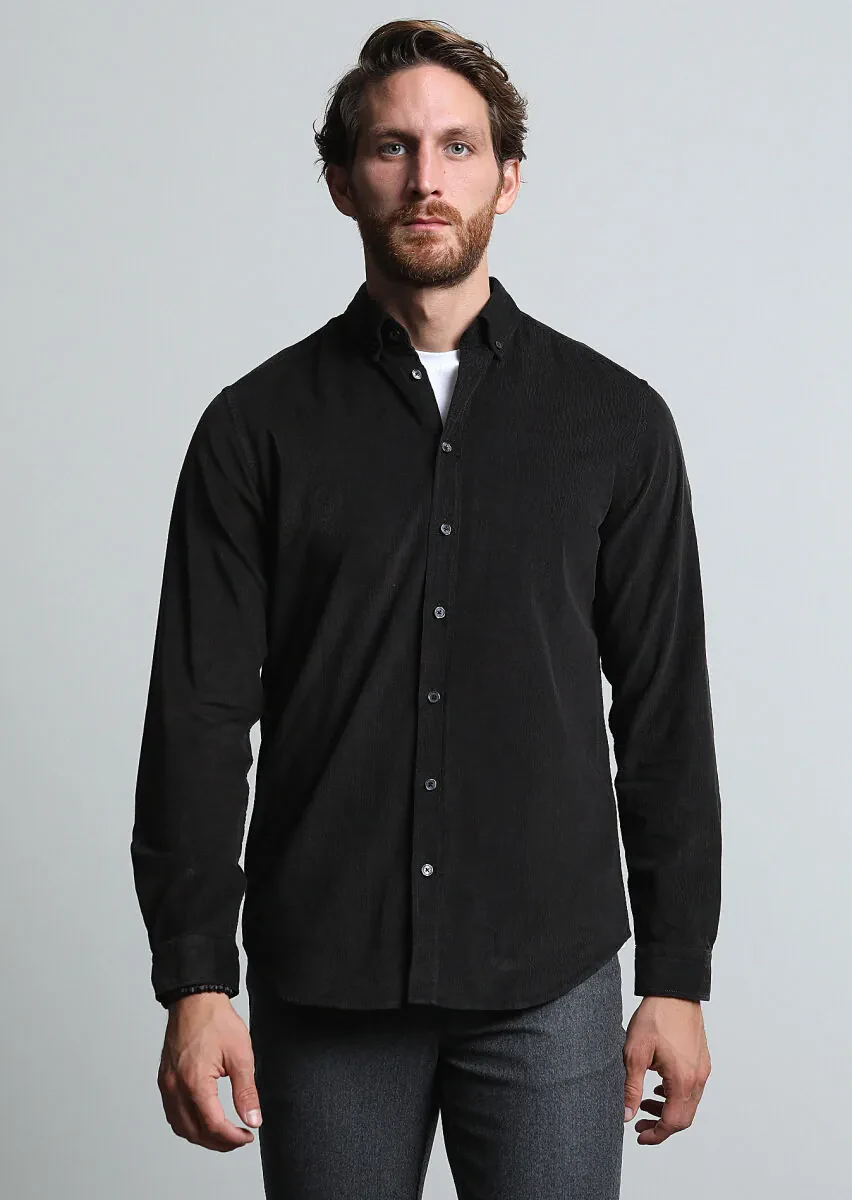 Black Ribbed Regular Fit Weaving Casual 100% Cotton Shirt - 1