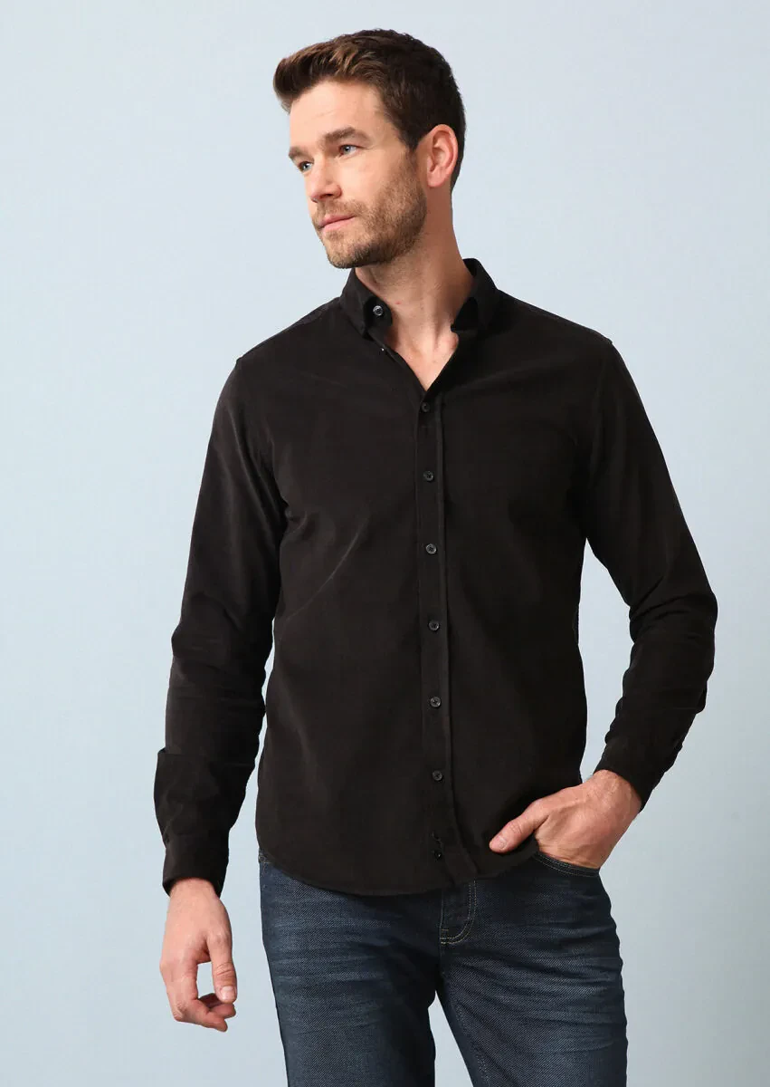 Black Ribbed Regular Fit Weaving Casual 100% Cotton Shirt - 2
