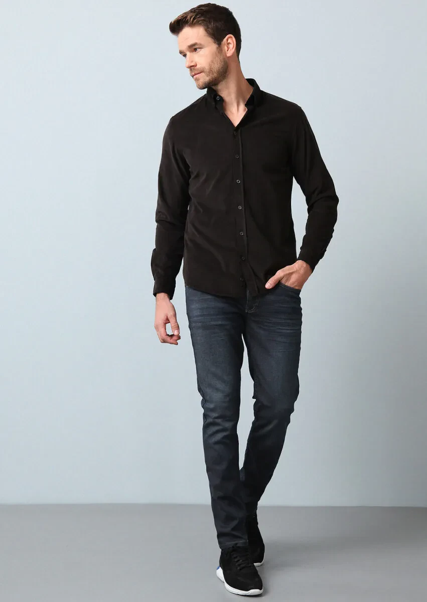 Black Ribbed Regular Fit Weaving Casual 100% Cotton Shirt - 3