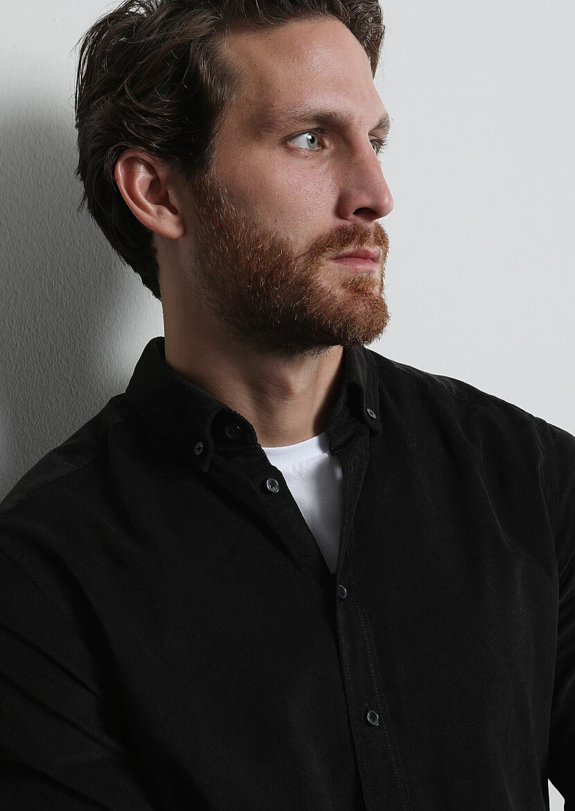 Black Ribbed Regular Fit Weaving Casual 100% Cotton Shirt - 4