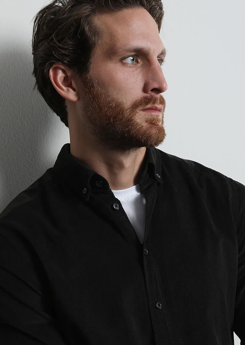 Black Ribbed Regular Fit Weaving Casual 100% Cotton Shirt - 4