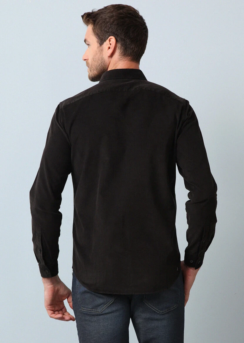 Black Ribbed Regular Fit Weaving Casual 100% Cotton Shirt - 5