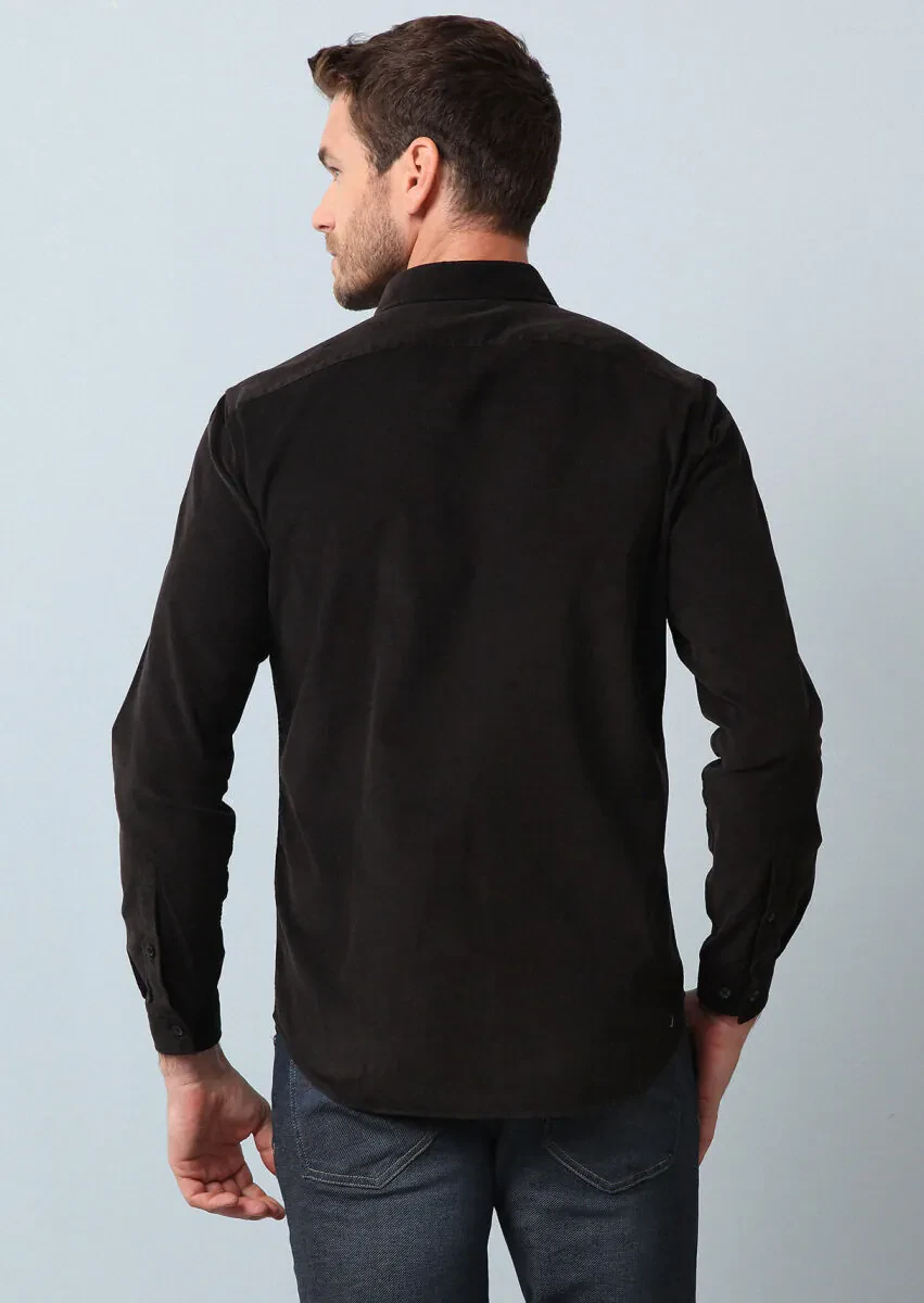 Black Ribbed Regular Fit Weaving Casual 100% Cotton Shirt - 5