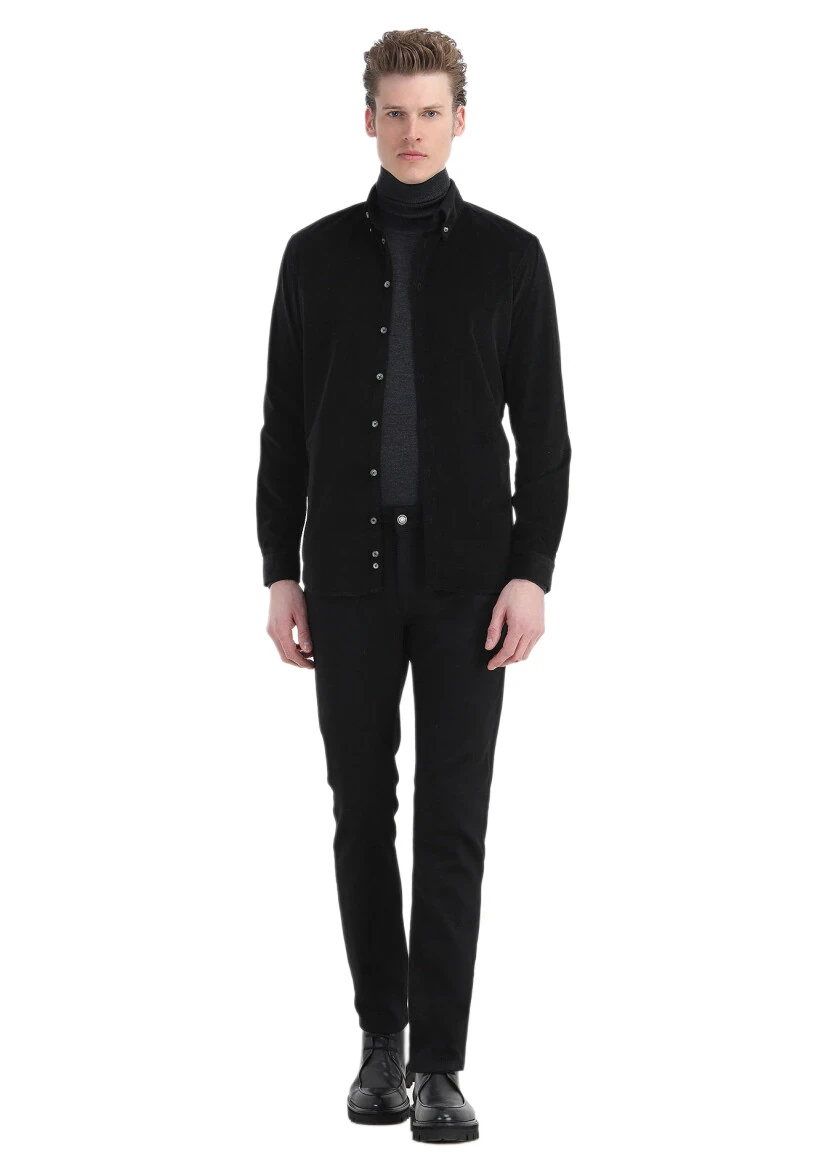 Black Ribbed Regular Fit Weaving Casual 100% Cotton Shirt 