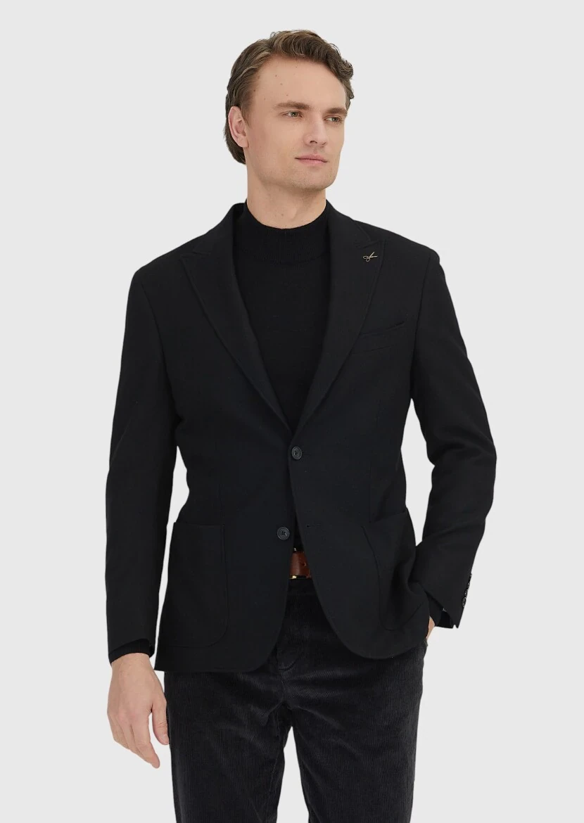 Black Shirt Shoulder Slim Fit Wool Blended Jacket - 1