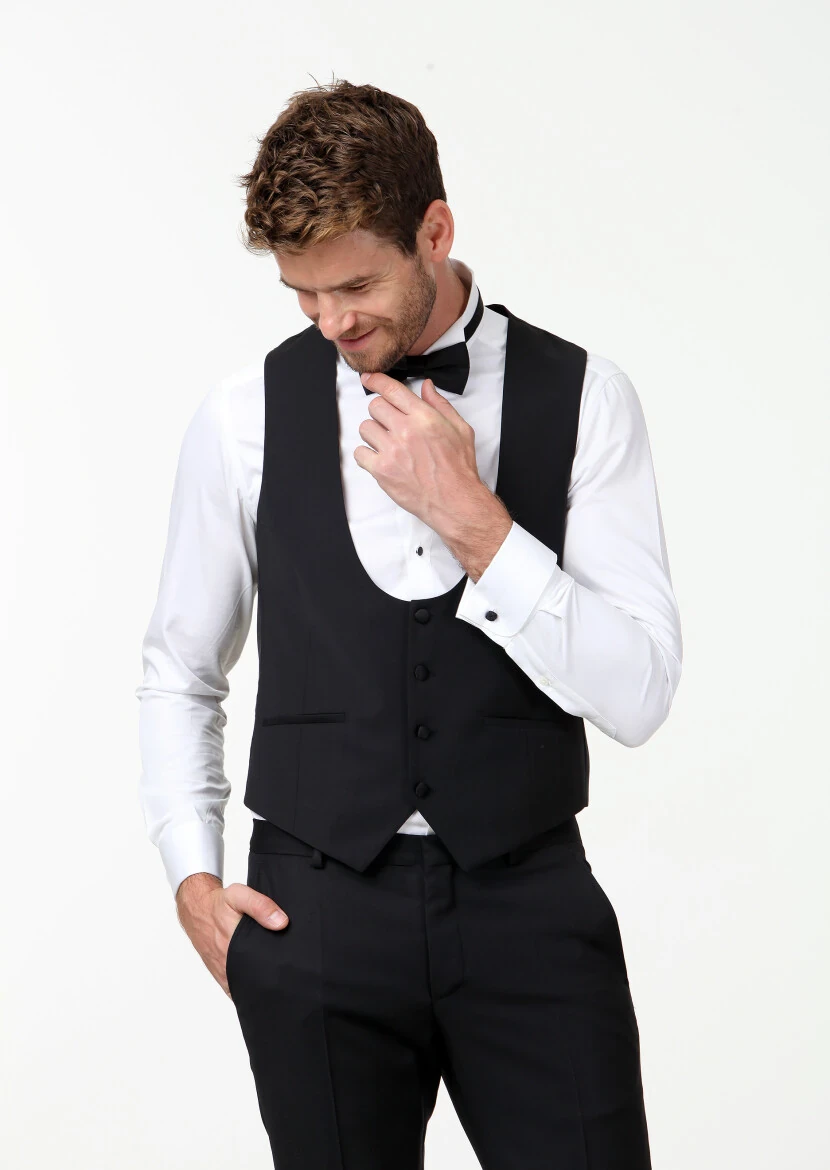 Black Slim Fit Butterfly Collar Classical Waistcoat - 3