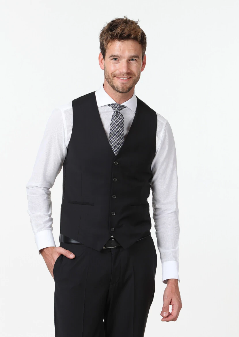 Black Slim Fit Butterfly Collar Classical Waistcoat - 3