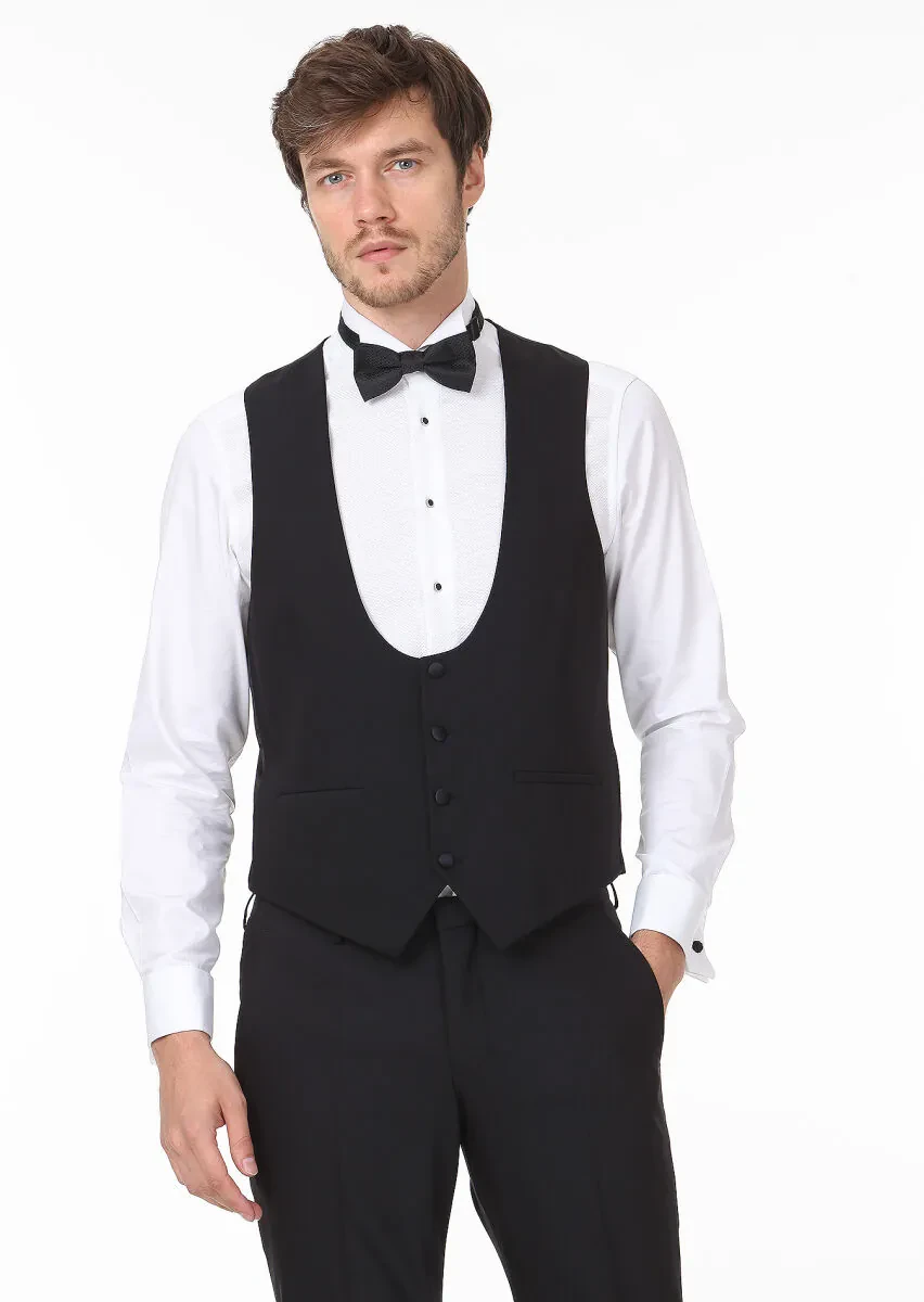 Black Slim Fit Butterfly Collar Classical Waistcoat - 2