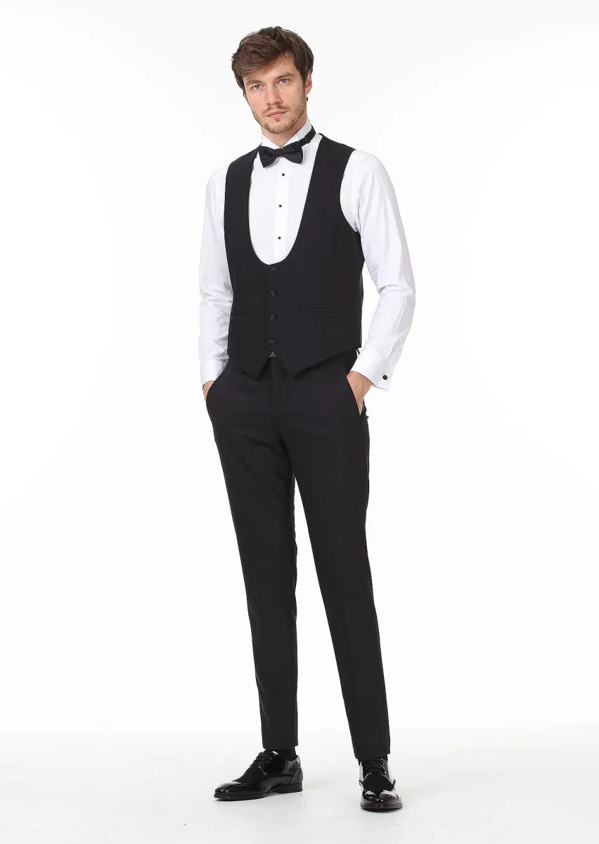 Black Slim Fit Butterfly Collar Classical Waistcoat - 3