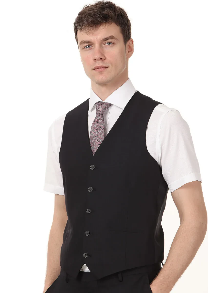 Black Slim Fit Butterfly Collar Classical Waistcoat - 2