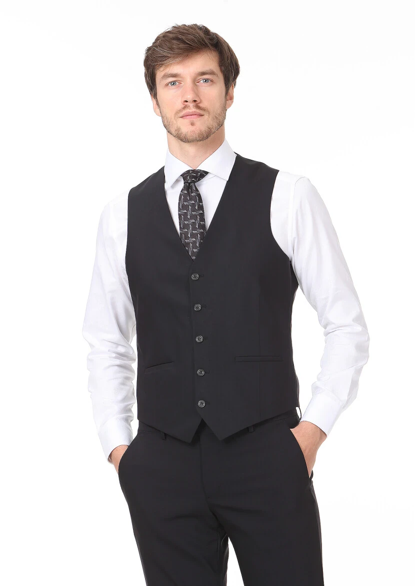 Black Slim Fit Butterfly Collar Classical Waistcoat - 2