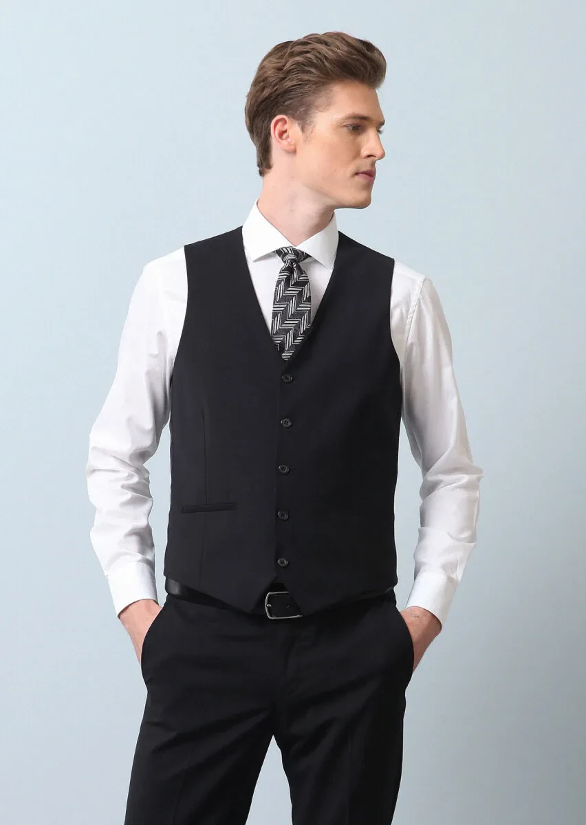 Black Slim Fit Butterfly Collar Classical Waistcoat - 2