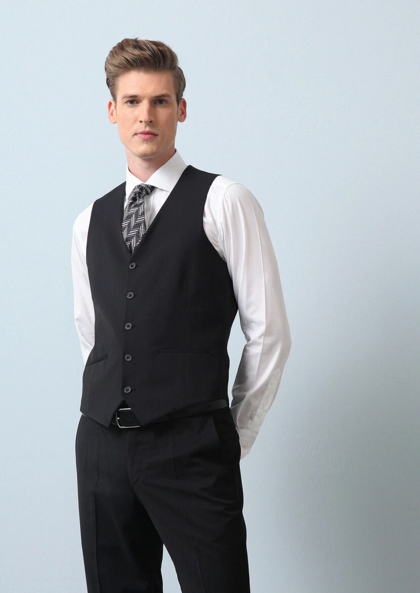 Black Slim Fit Butterfly Collar Classical Waistcoat - 3