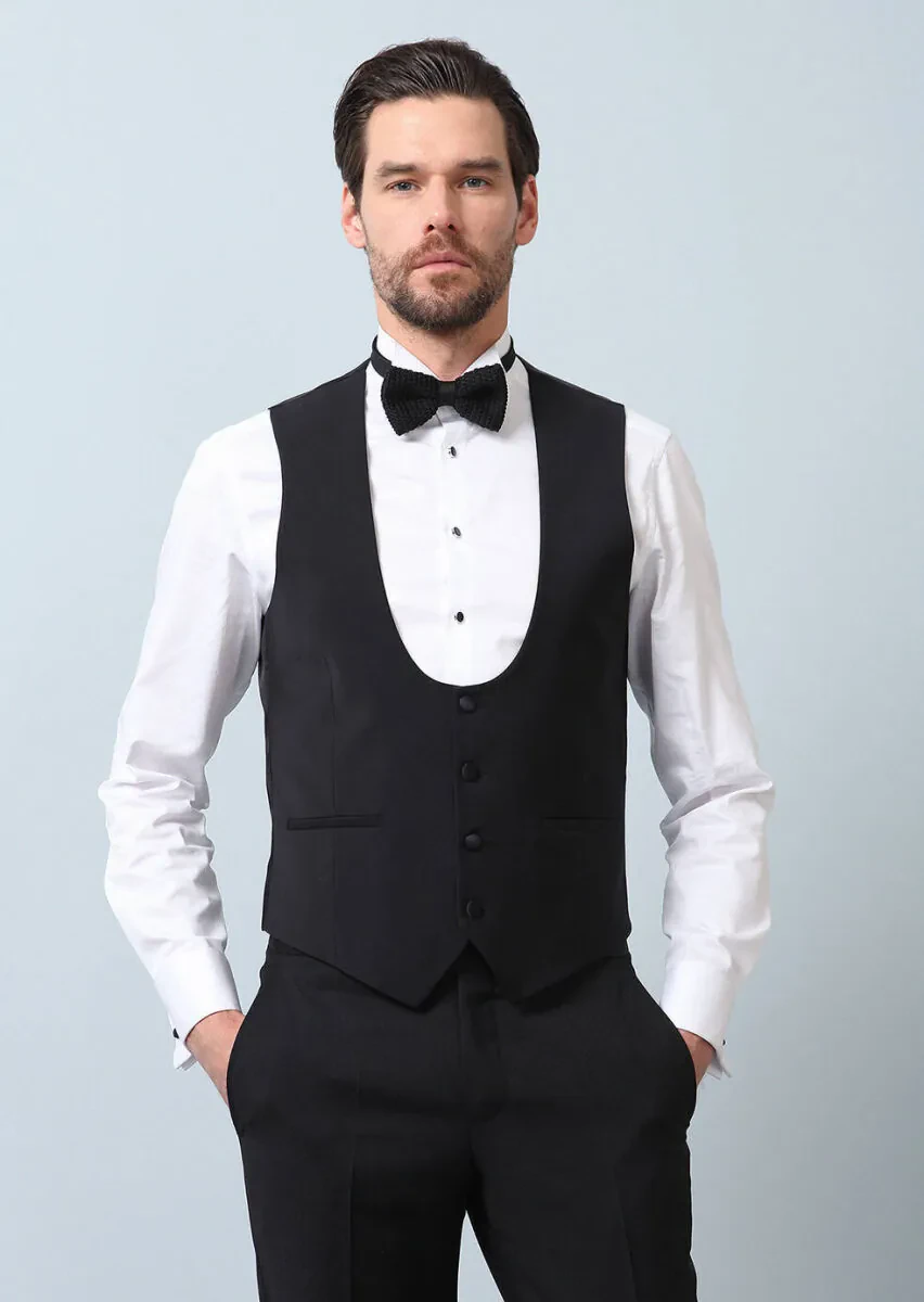 Black Slim Fit Butterfly Collar Classical Waistcoat - 1