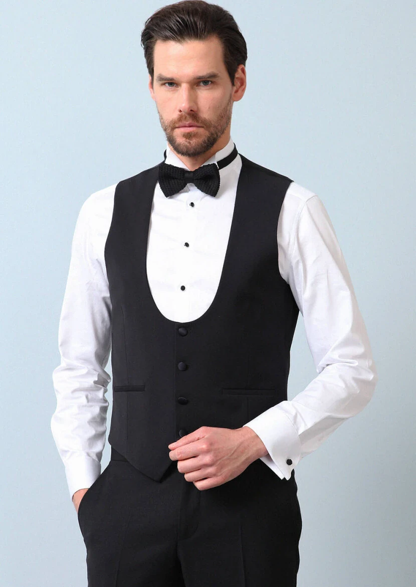 Black Slim Fit Butterfly Collar Classical Waistcoat - 4
