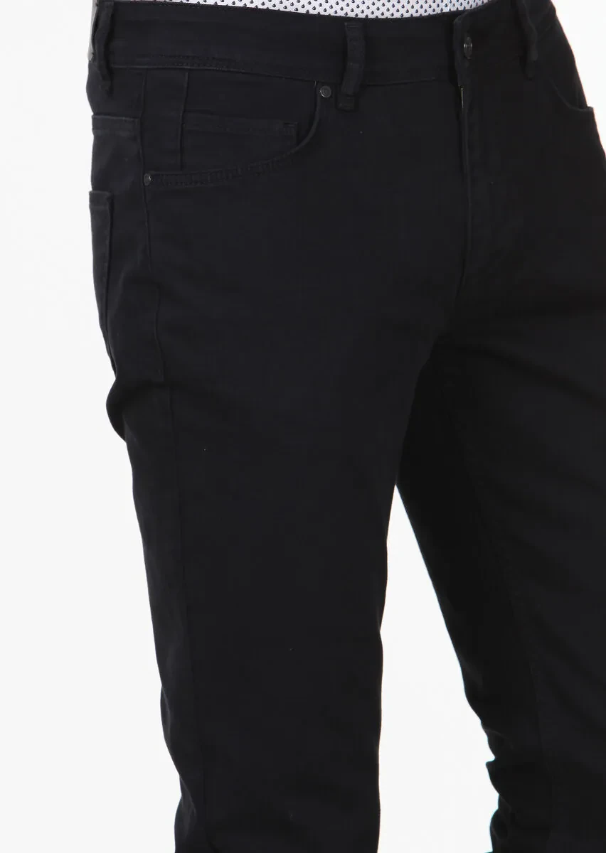 Black Slim Fit Denim Cotton Blended Trousers - 3
