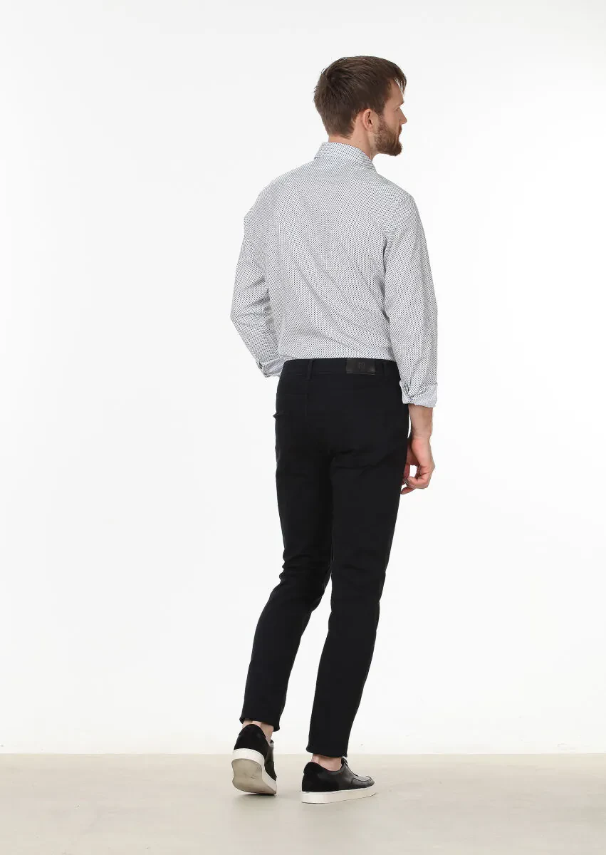 Black Slim Fit Denim Cotton Blended Trousers - 4