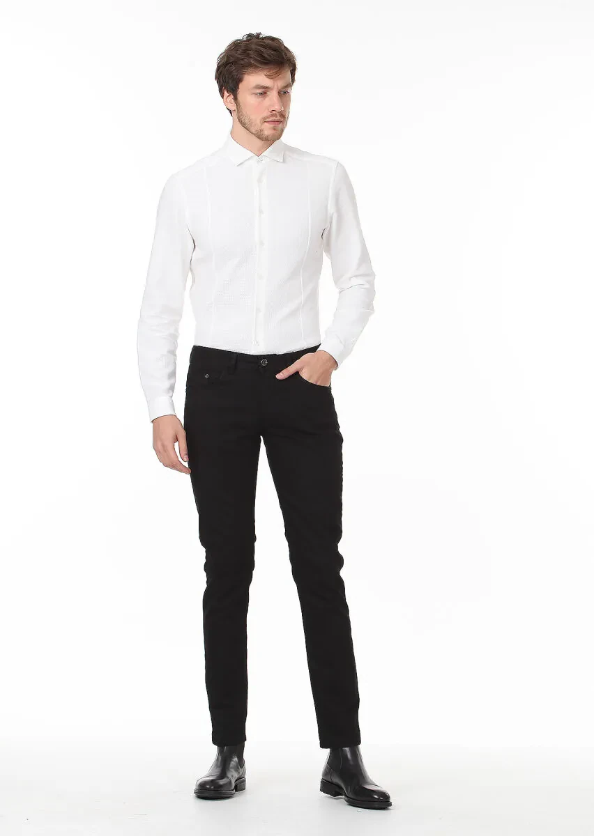 Black Slim Fit Denim Cotton Blended Trousers - 1