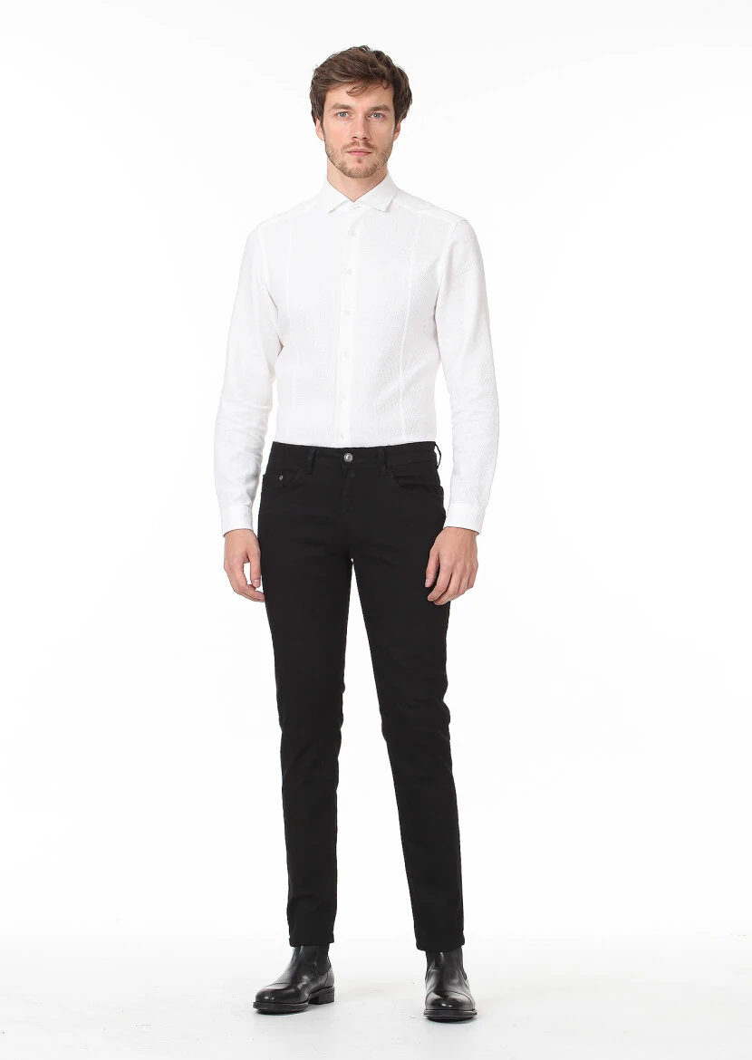 Black Slim Fit Denim Cotton Blended Trousers - 2