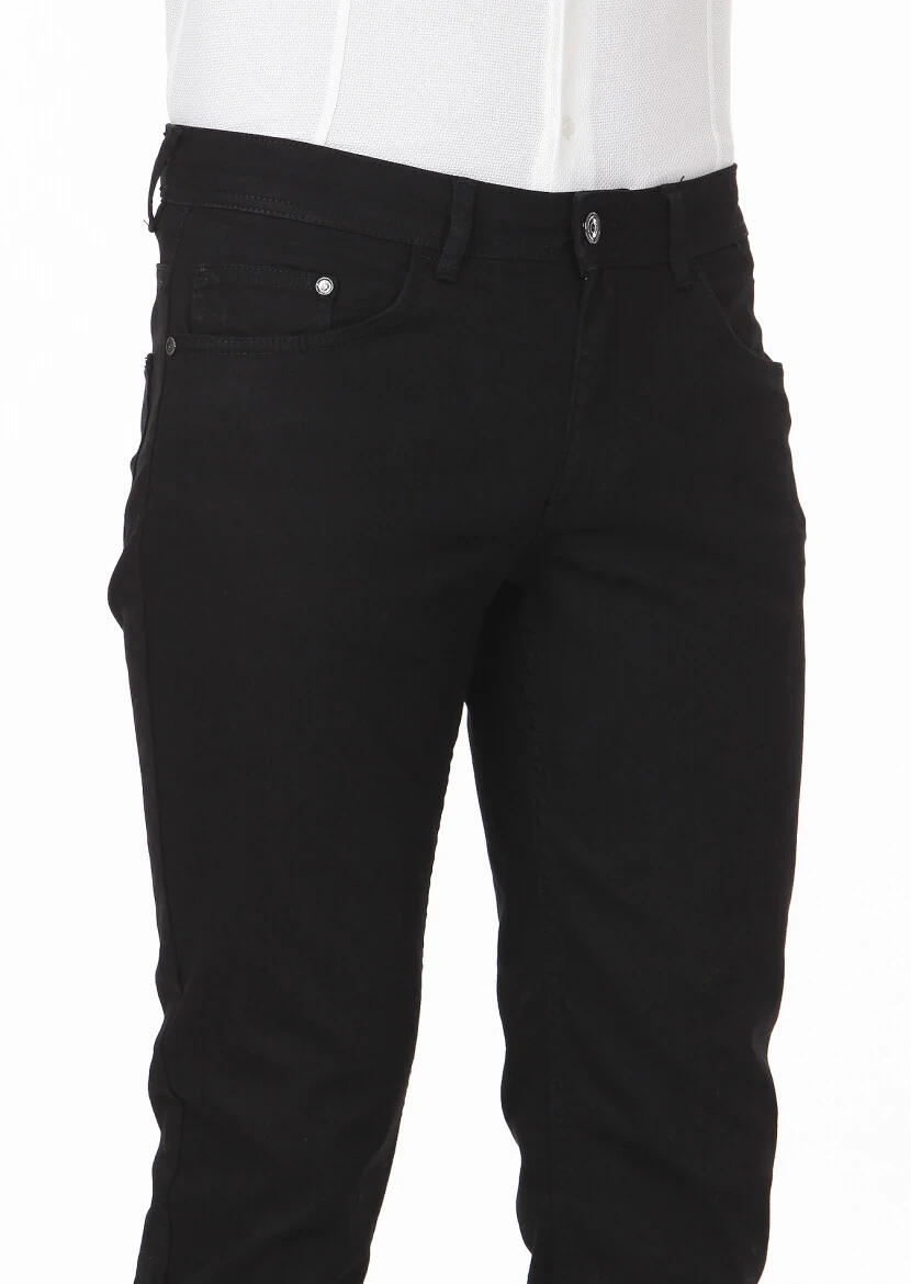 Black Slim Fit Denim Cotton Blended Trousers - 3