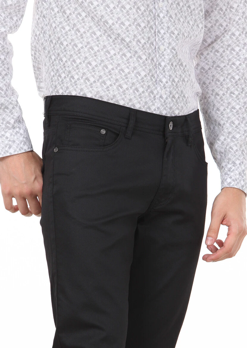 Black Slim Fit Denim Cotton Blended Trousers - 2