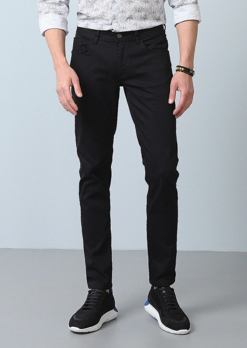 Black Slim Fit Denim Cotton Blended Trousers - 3