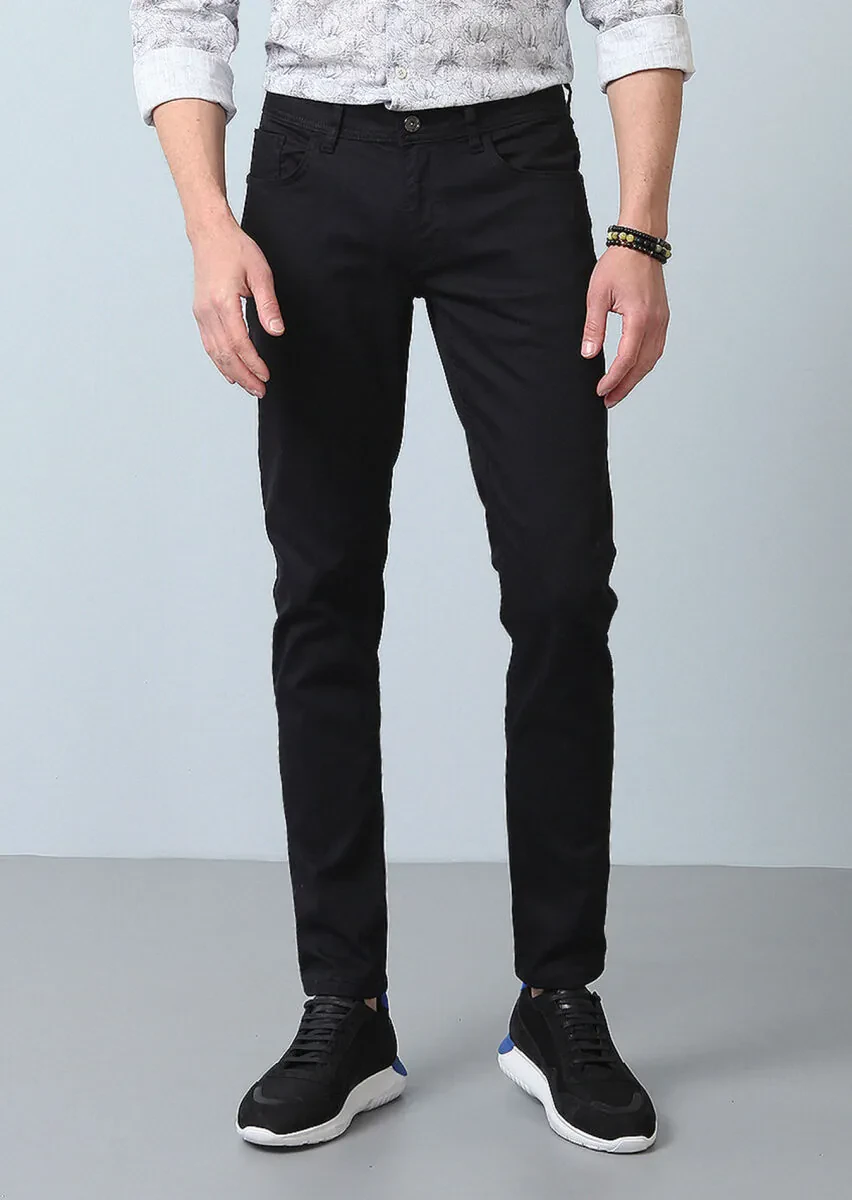 Black Slim Fit Denim Cotton Blended Trousers - 3