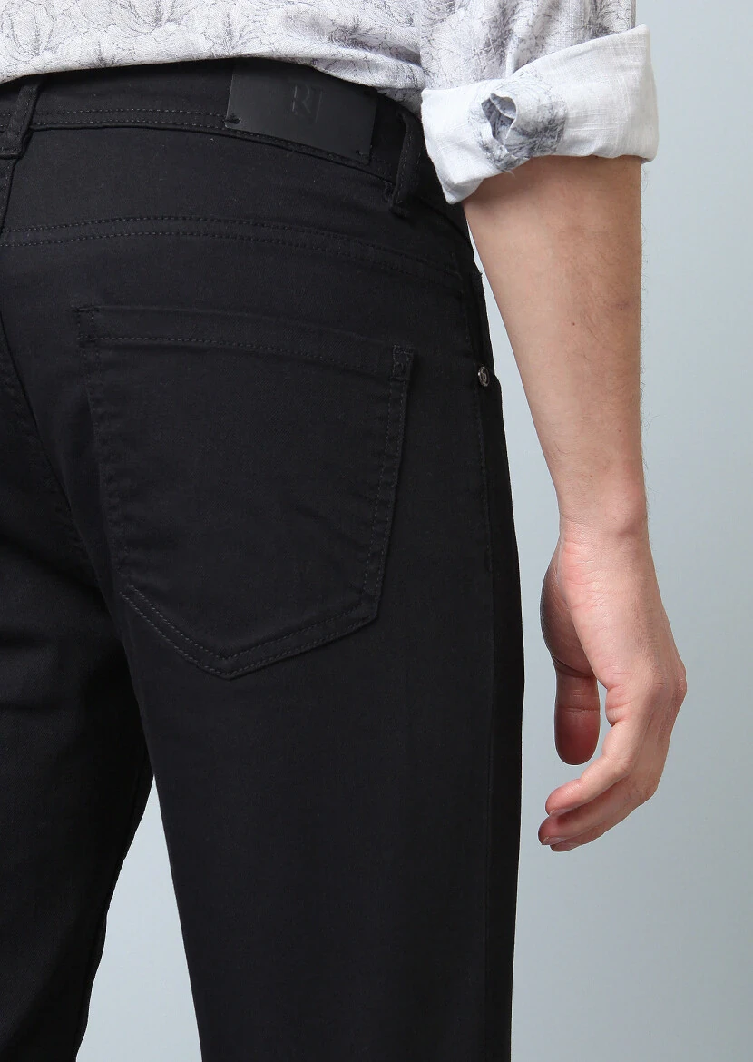 Black Slim Fit Denim Cotton Blended Trousers - 4