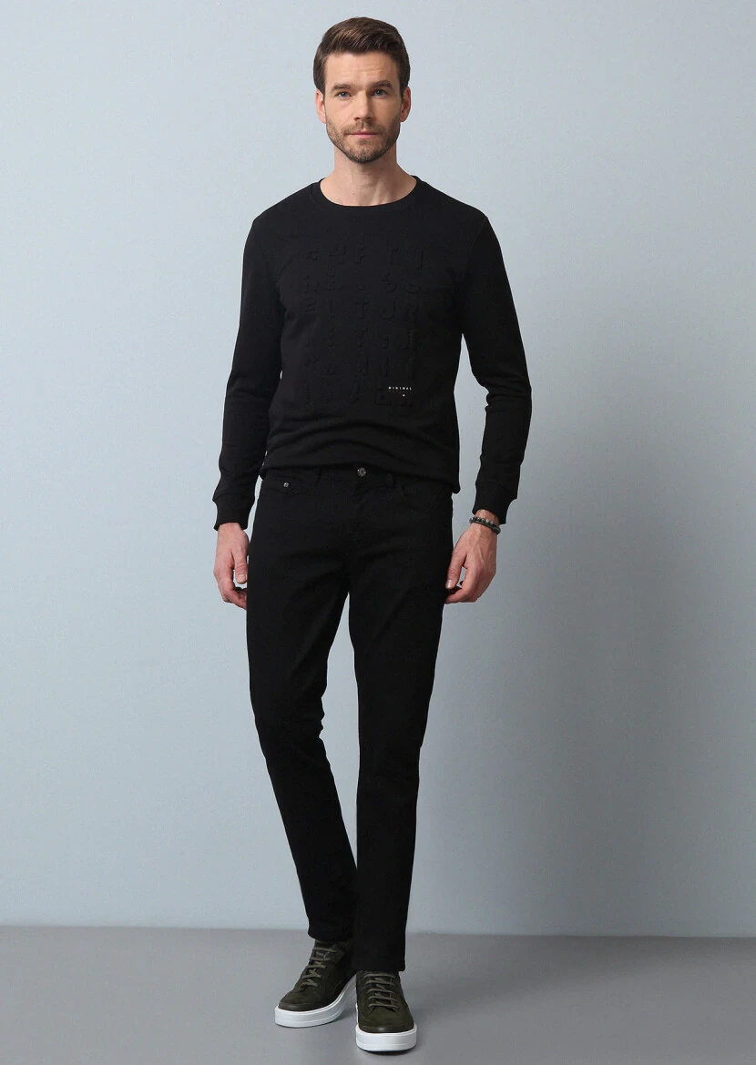 Black Slim Fit Denim Cotton Blended Trousers - 1