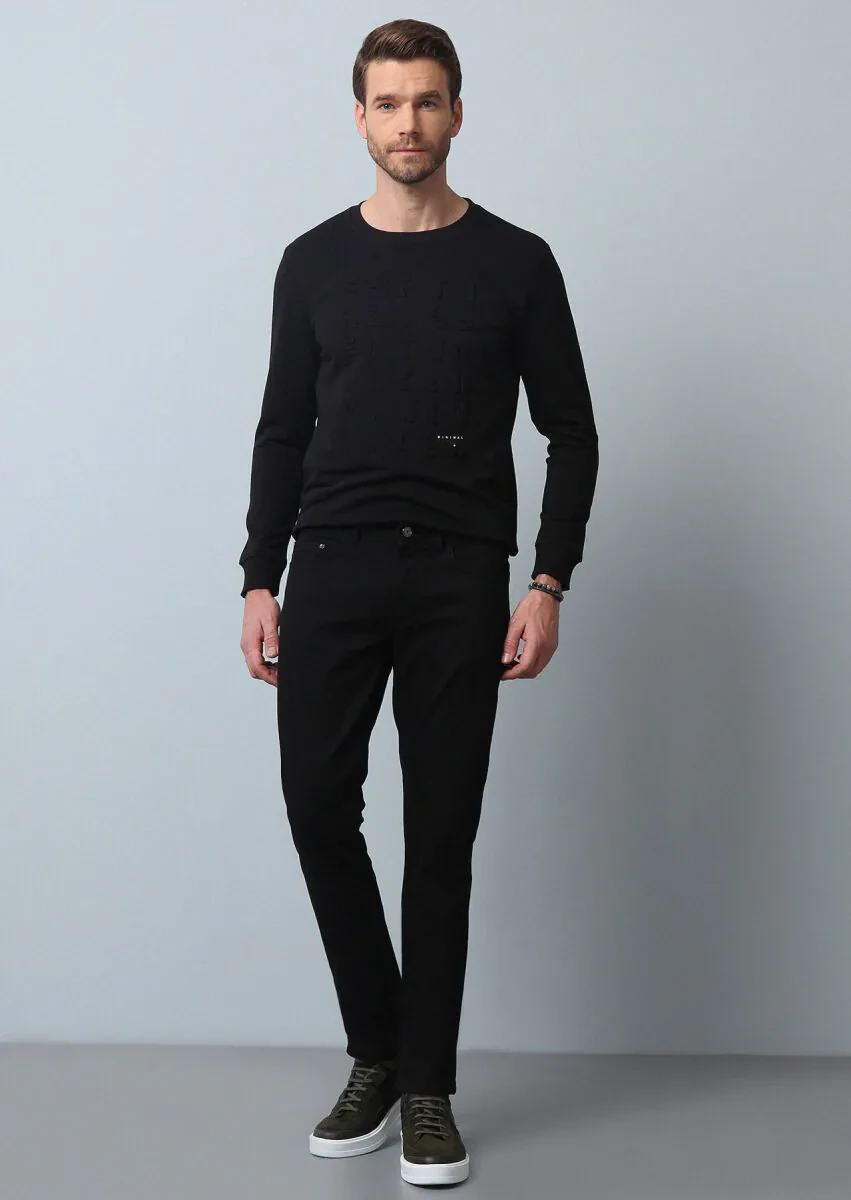 Black Slim Fit Denim Cotton Blended Trousers - 1