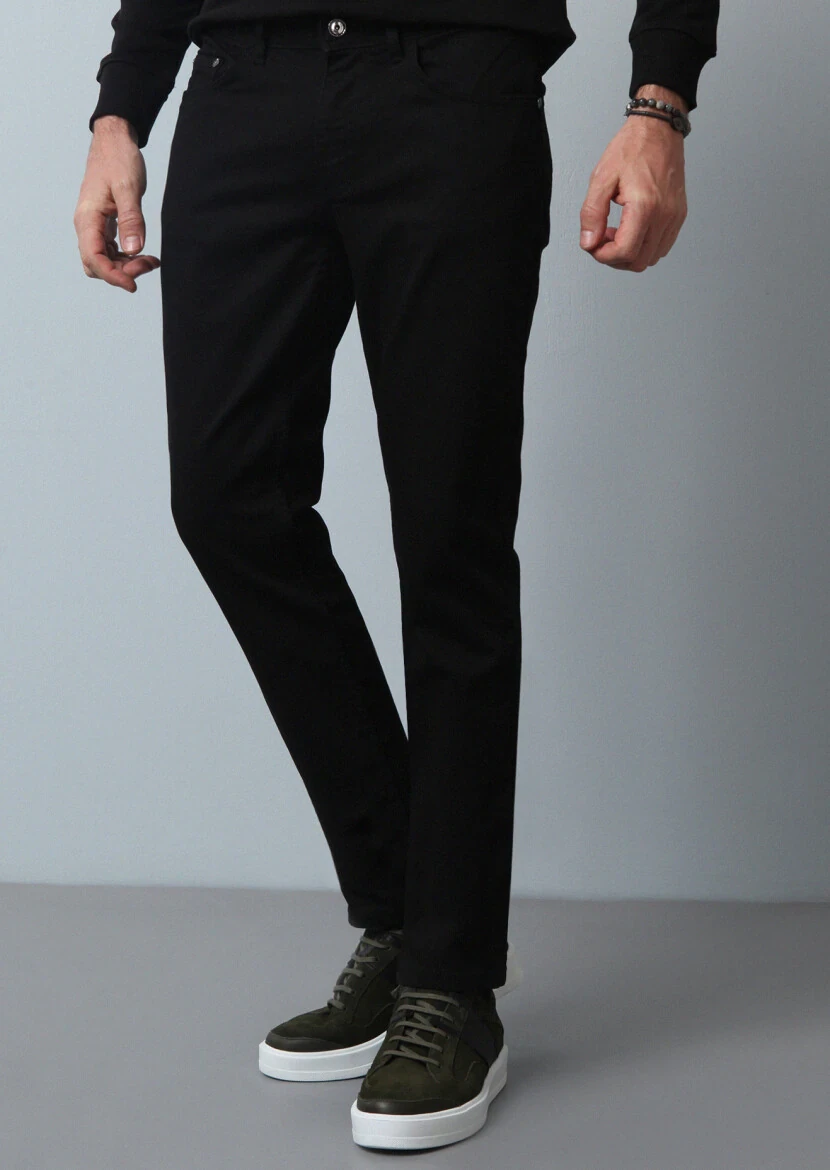 Black Slim Fit Denim Cotton Blended Trousers - 2