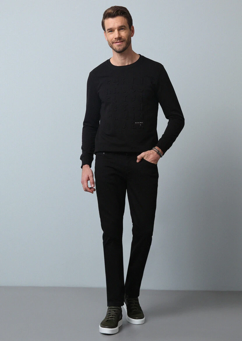 Black Slim Fit Denim Cotton Blended Trousers - 3