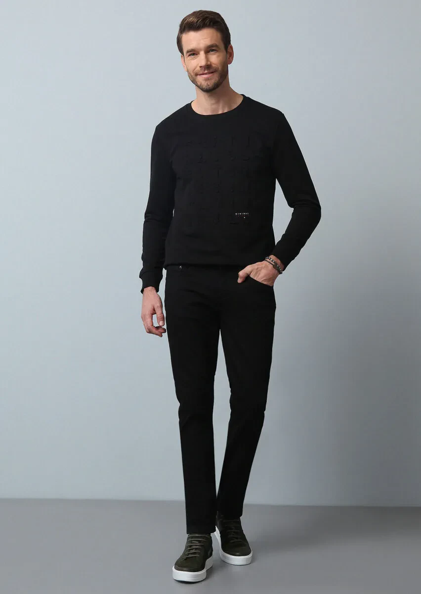 Black Slim Fit Denim Cotton Blended Trousers - 3