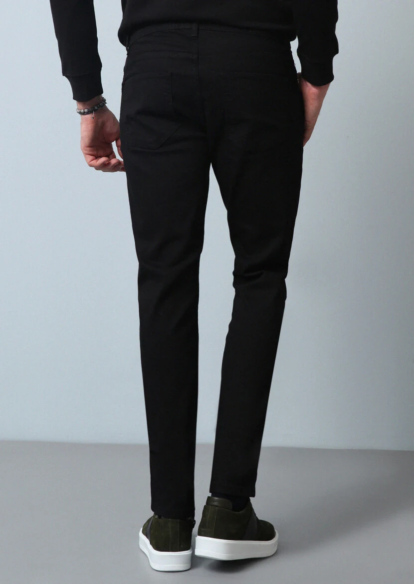 Black Slim Fit Denim Cotton Blended Trousers - 5