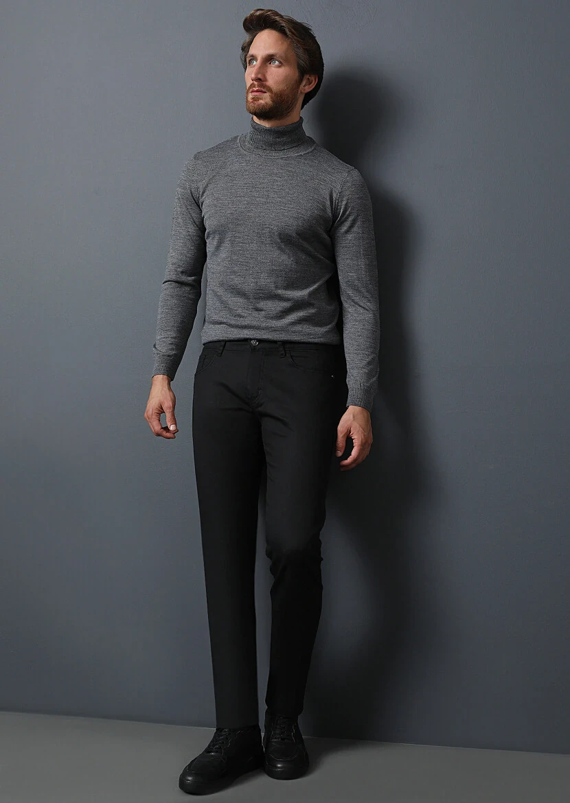 Black Slim Fit Denim Cotton Blended Trousers - 1