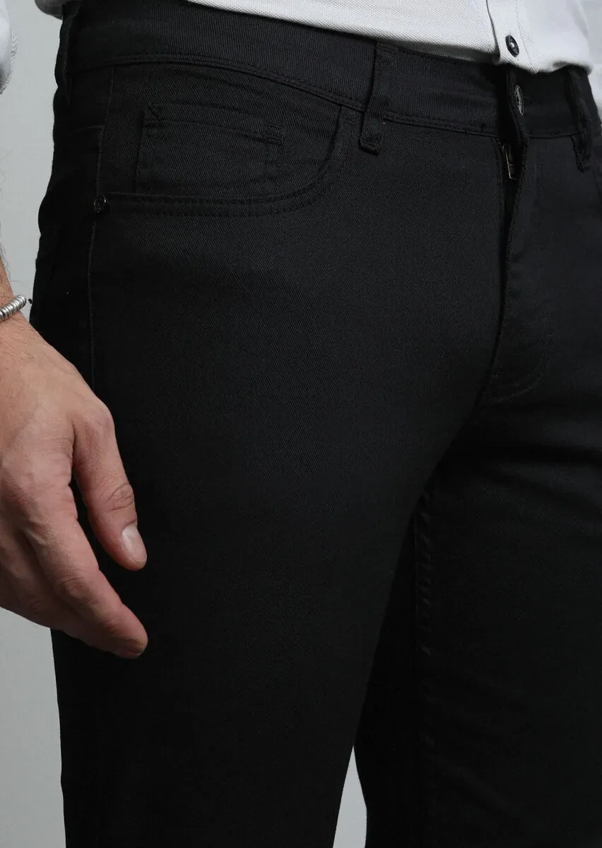 Black Slim Fit Denim Cotton Blended Trousers - 2