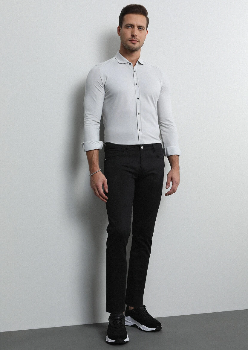 Black Slim Fit Denim Cotton Blended Trousers - 3