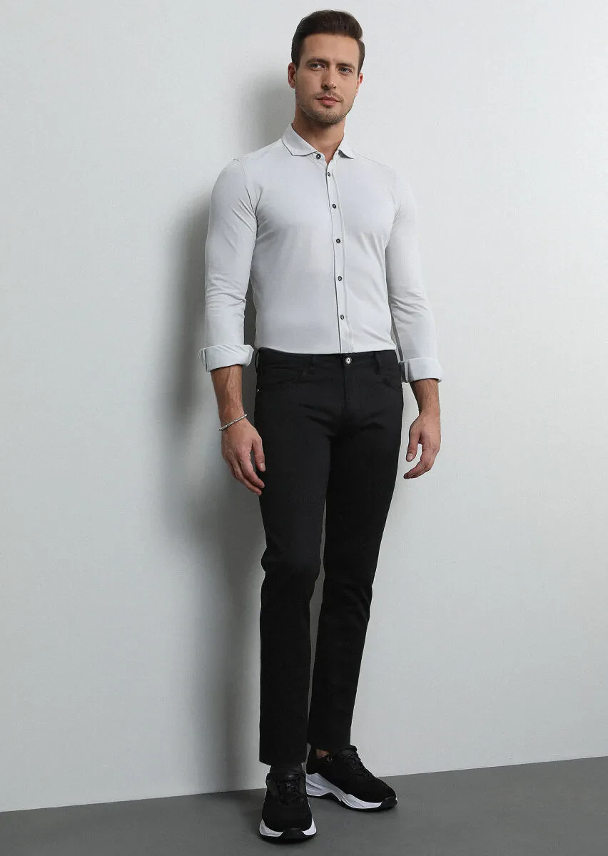 Black Slim Fit Denim Cotton Blended Trousers - 3