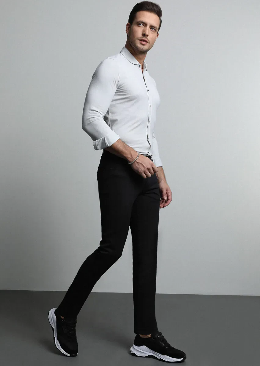 Black Slim Fit Denim Cotton Blended Trousers - 4