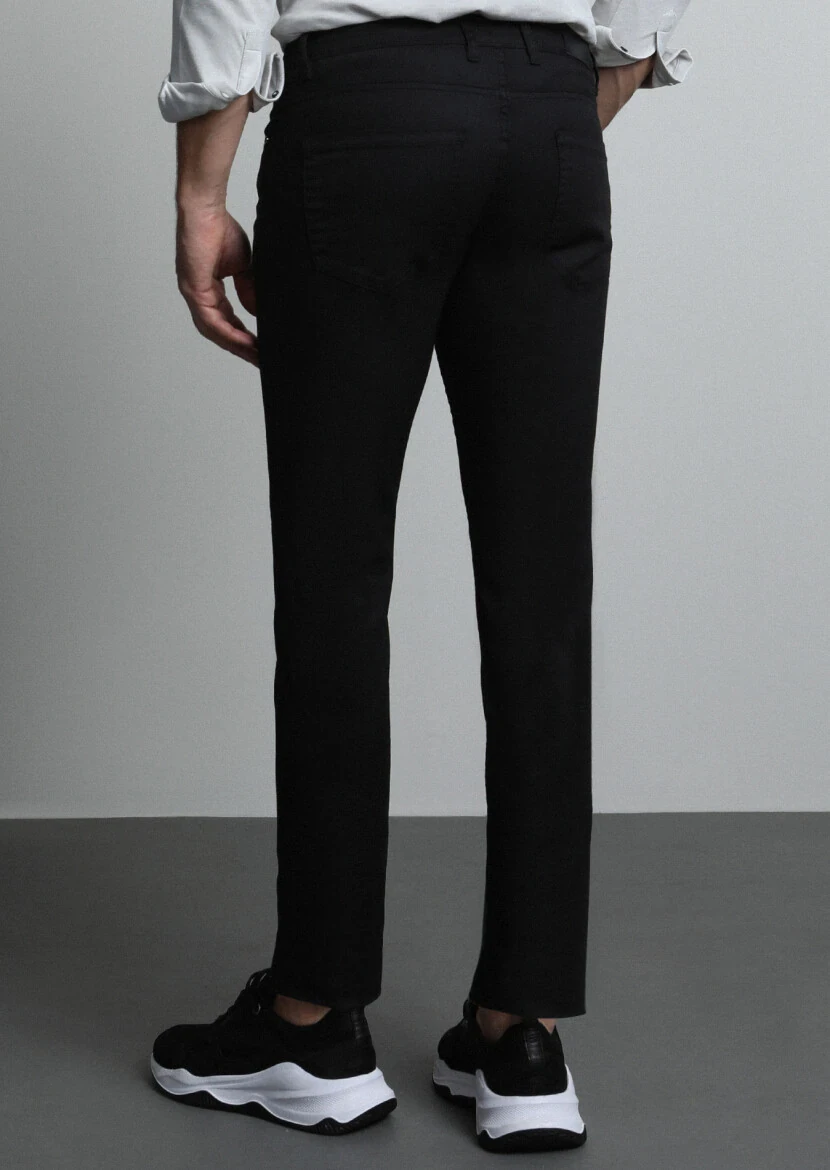 Black Slim Fit Denim Cotton Blended Trousers - 5