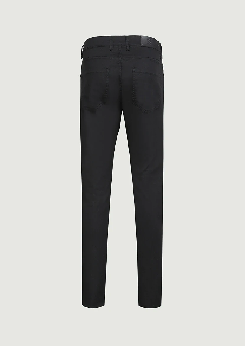 Black Slim Fit Denim Cotton Blended Trousers - 7