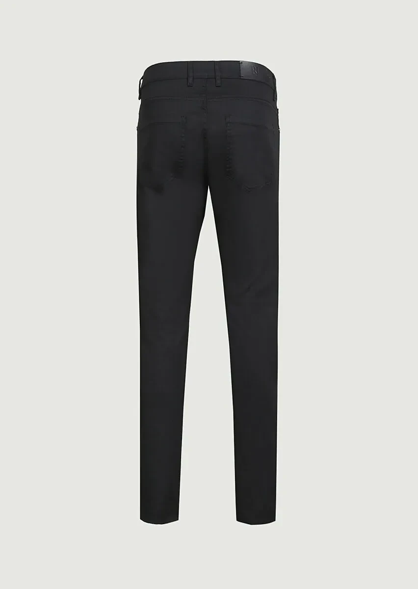 Black Slim Fit Denim Cotton Blended Trousers - 7