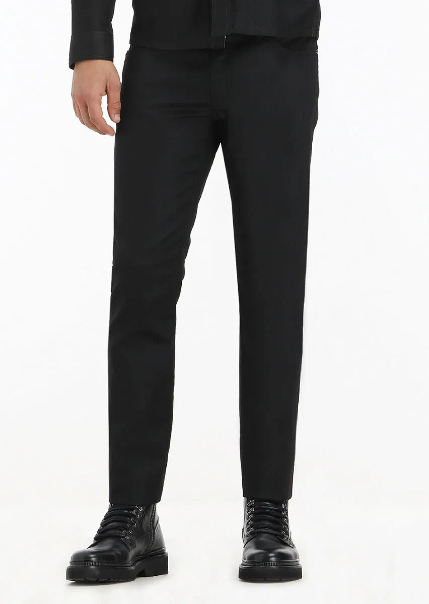 Black Slim Fit Denim Cotton Blended Trousers - 3